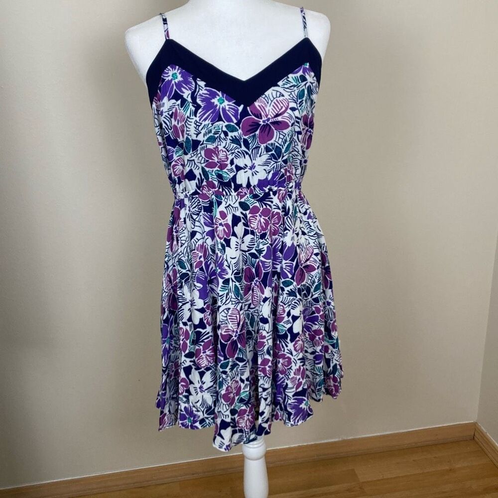 Aeropostale Womens Purple Floral Rayon V-Neck Sun Dress Adjustable Straps Large